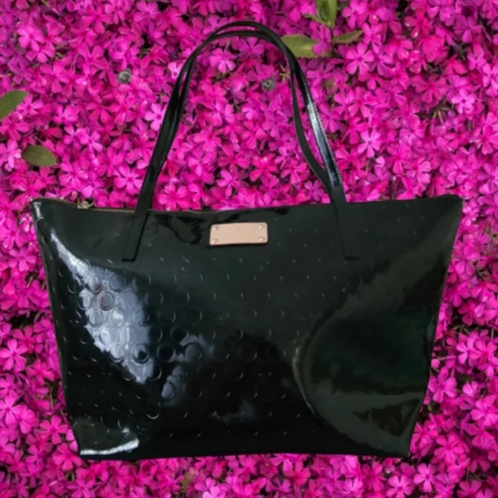 Kate Spade Black Patent Leather Embossed Circle Zip Top Tote Bag Shoulder Bag
